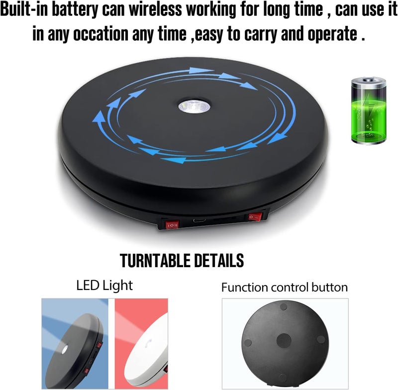 JAYEGT Motorized Rotating Display Stand with LED Light , 10 inch /55lbs Load, 360 Electronic Turntable for Photography Products Shows, Jewelry, Watch (Black / White LED Light / Rechargeable) - Image 4